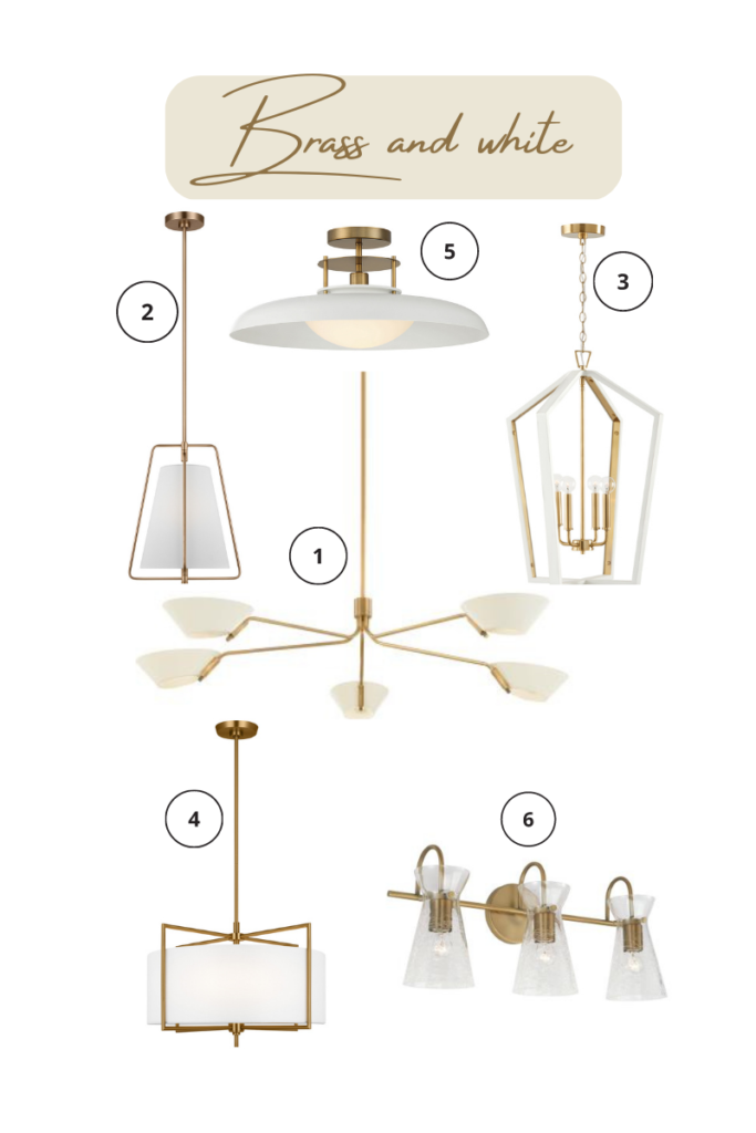 How to select the right lighting for your home. Brass-white lighting combination for the entire home: Foyer lantern, Chandelier, pendants, hallway flush mount, kitchen pendant, vanity light.