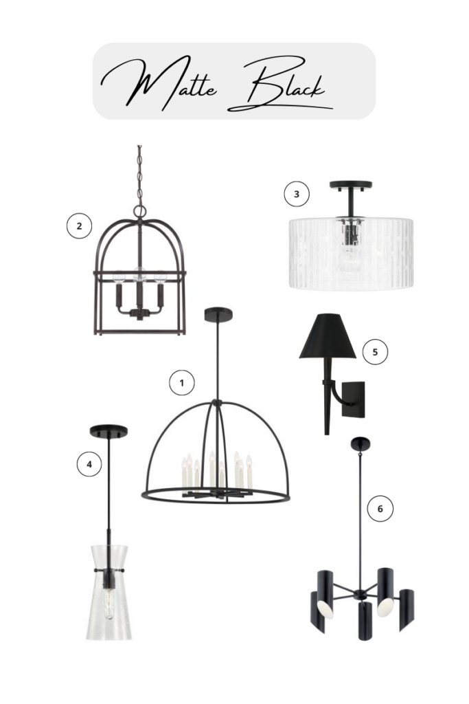 How to chose the right lighting for your home. Matte black lighting combination for your home: Foyer light, Dining room light, Kitchen light, Hallway semi flush mount, Wall sconces, Pendants over the kitchen island.