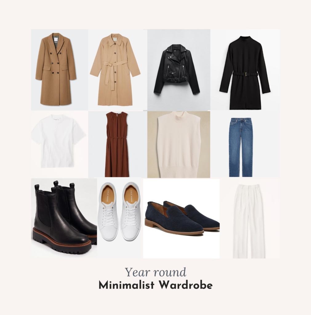 How to create minimalistic wardrobe with our sacrificing style, year round basic garments, add accessories, multi functional clothing pieces. Spring, summer, fall, winter.