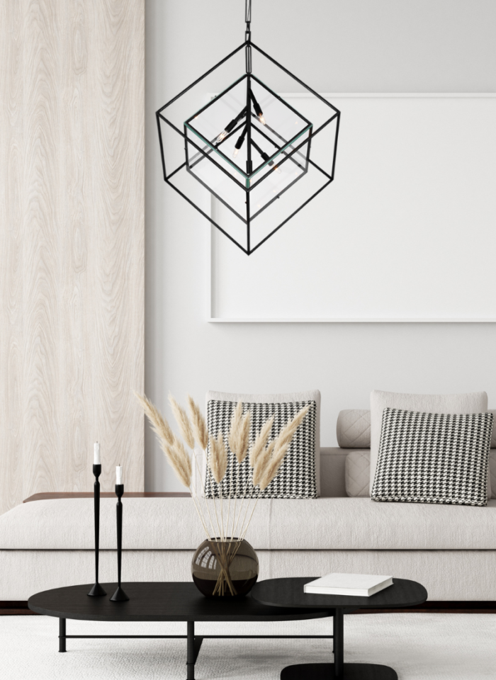 Large cube pendant with glass inside will illuminate your room and give it a artistic place. combine with clean lines and Scandinavian style of furniture.