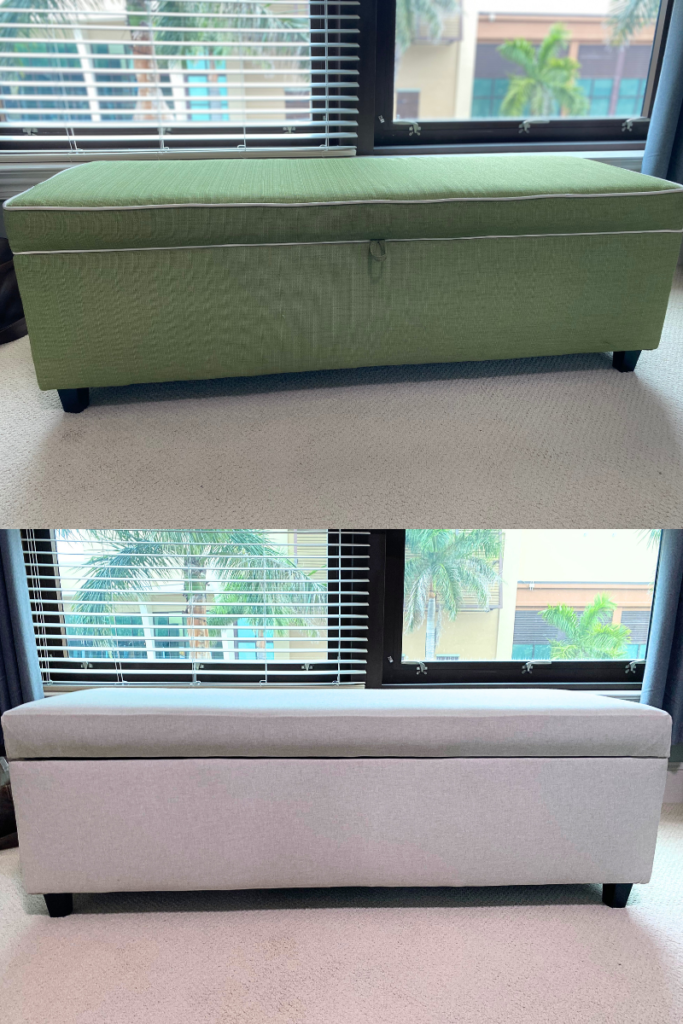 Before and after we applied new fabric, fresh new look with linen fabric is obvious.