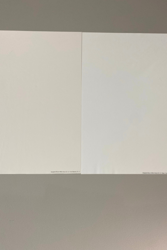 Two color samples from Benjamin Moore. Put them next to each other and watch how they change throughout the different times of the day.